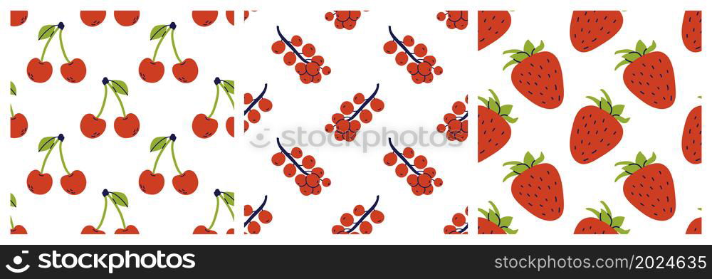 Strawberry, cherry and currant. Berries seamless pattern bundle. Color illustration collection in hand-drawn style. Vector repeat background set