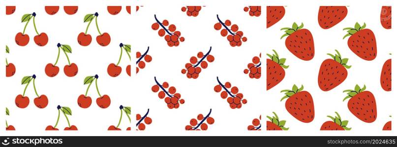 Strawberry, cherry and currant. Berries seamless pattern bundle. Color illustration collection in hand-drawn style. Vector repeat background set
