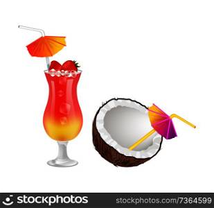 Strawberry cocktail near coconut with straws and umbrellas. Delicious fresh tropical drinks. Sweet beverage next to exotic nut vector illustrations.. Strawberry Cocktail and Half of Coconut with Straw