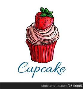 Strawberry cupcake or muffin sketch, decorated with pink berry cream and fresh strawberry fruit. Pastry and bakery shop, cafe menu, breakfast dessert design. Strawberry cupcake or muffin sketch