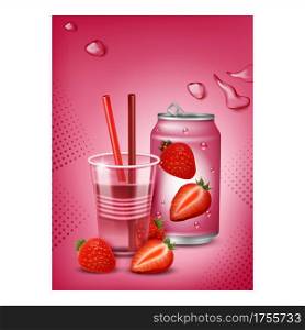 Strawberry Drink Creative Promo Banner Vector. Soda Drink Blank Bottle, Cup With Sweet Beverage And Straws, Water Drops And Ripe Berries On Advertise Poster. Style Concept Template Illustration. Strawberry Drink Creative Promo Banner Vector