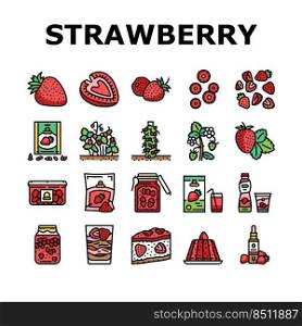 Strawberry Freshness Ripe Berry Icons Set Vector. Natural Plant Growing In Garden Or On Flower Bed, Organic Raw Strawberry And Dessert, Delicious Ingredient For Pie And Jelly Color Illustrations. Strawberry Freshness Ripe Berry Icons Set Vector