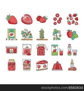 Strawberry Freshness Ripe Berry Icons Set Vector. Natural Plant Growing In Garden Or On Flower Bed, Organic Raw Strawberry And Dessert, Delicious Ingredient For Pie And Jelly Color Illustrations. Strawberry Freshness Ripe Berry Icons Set Vector