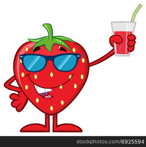 Strawberry Fruit Cartoon Mascot Character With Sunglasses Holding Up A Glass Of Juice. Illustration Isolated On White Background