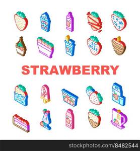 strawberry fruit fresh red berry icons set vector. food white, half cut, leaf green, sweet juicy slice, ripe dessert, organic summer strawberry fruit fresh red berry isometric sign illustrations. strawberry fruit fresh red berry icons set vector