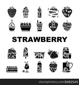 strawberry fruit fresh red berry icons set vector. food white, half cut, leaf green, sweet juicy slice, ripe dessert, organic summer strawberry fruit fresh red berry glyph pictogram Illustrations. strawberry fruit fresh red berry icons set vector