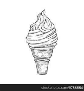 Strawberry ice cream in cone with swirl isolated fastfood dessert. Vector ice-cream summer takeaway food. Icecream in wafer cone isolated refreshing dessert