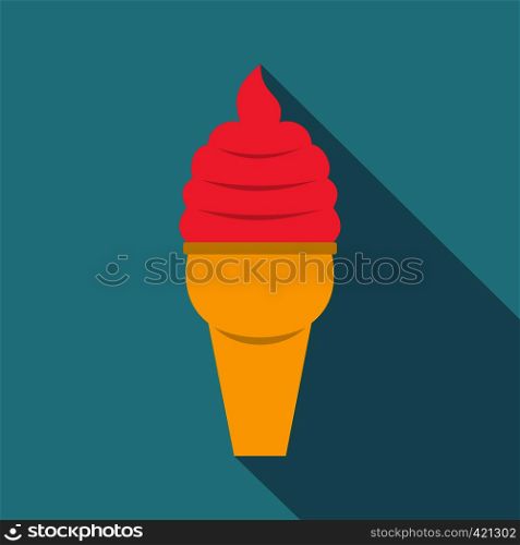 Strawberry ice cream in waffle cone icon. Flat illustration of strawberry ice cream in waffle cone vector icon for web isolated on baby blue background. Strawberry ice cream in waffle cone icon