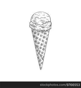 Strawberry ice cream in waffle cone isolated summer dessert. Vector pink refreshing sundae, frozen gelato. Pink ice cream in waffle cone isolated food sketch