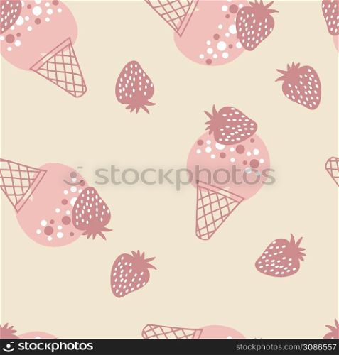Strawberry ice cream seamless pattern. Design for T-shirt, textile and prints. Hand drawn vector illustration for decor and design.