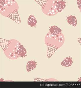 Strawberry ice cream seamless pattern. Design for T-shirt, textile and prints. Hand drawn vector illustration for decor and design.