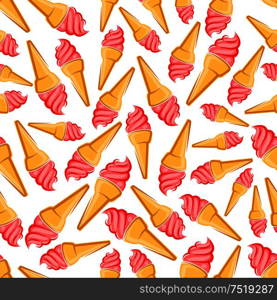 Strawberry ice cream seamless pattern with waffle cones of fruit soft serve ice cream. Cafe menu or food packaging design. Strawberry ice cream cones seamless pattern