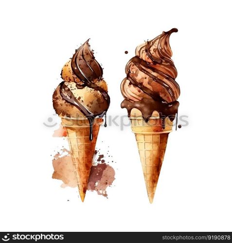 Strawberry ice cream waff≤co≠, Watercolor drawing, isolated on white. Vector.. Chocolate ice cream waff≤co≠, Watercolor drawing, isolated on white. Vector.