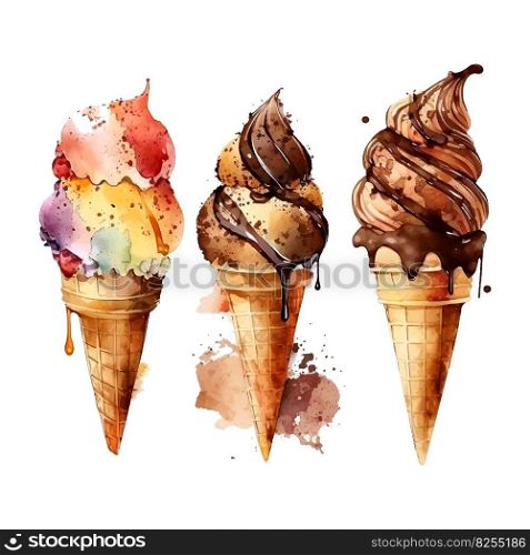 Strawberry ice cream waffle cone, Watercolor drawing, isolated on white. Vector.. Chocolate ice cream waffle cone, Watercolor drawing, isolated on white. Vector.