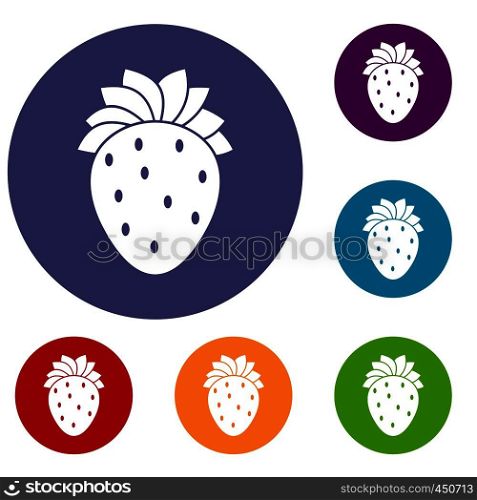 Strawberry icons set in flat circle reb, blue and green color for web. Strawberry icons set