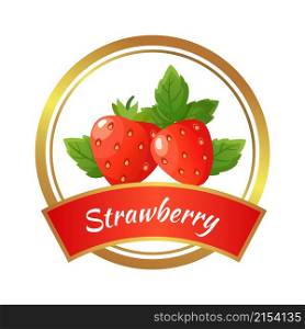Strawberry jam label. Berries marmalade jar sticker, isolated sweet berry with green leaves vector template. Illustration of berry fruit jam and marmalade, dessert sweet. Strawberry jam label. Berries marmalade jar sticker, isolated sweet berry with green leaves vector template