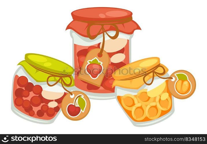 Strawberry jam or compote, confiture preserved berries in jar. Cherry and apricot in juice, isolated canned bottles, organic and natural eating. Delicious ingredient for cooking. Vector in flat. Cherry and apricot juice, jam from strawberry