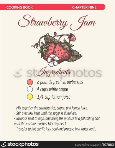 Strawberry jam recipe book page. Hand drawn cooking book page with strawberry jam recipe vector illustration