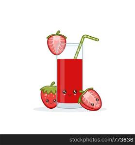 strawberry juice. Cute kawai smiling cartoon juice with slices in a glass with juice straw.