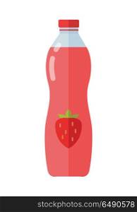 Strawberry Juice Flat Style Vector Illustration. Fruity dessert beverage vector. Flat design. Labeled bottle of strawberry juice or yogurt with berry. Packaging for liquid product. Illustration for farm husbandry, milk production, grocery store ad.. Strawberry Juice Flat Style Vector Illustration