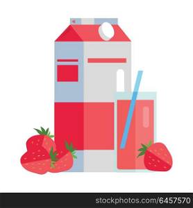 Strawberry juice vector illustration. Flat design. Paper pack with strawberries and glass full of juice. Ecological clean packaging concept for signboard, icons, logo or web design, infographics.. Paper Pack of Strawberry Juice Illustration.