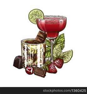 Strawberry Margarita and White Russian cocktails, vector illustration, hand drawn sketch; colored