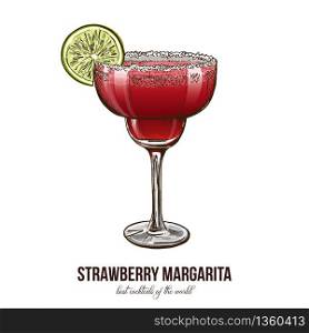 Strawberry Margarita cocktail, vector illustration, colored hand drawn sketch