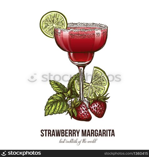 Strawberry Margarita cocktail with berries and mint leaves, vector illustration, colored hand drawn sketch