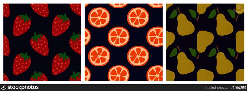 Strawberry, orange slice and pear. Fruit and berry seamless pattern set. Fashion design. Food print for clothes, linens or curtain. Hand drawn vector sketch background collection