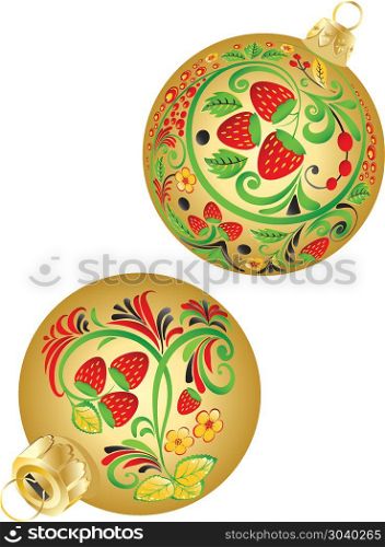 Strawberry ornaments on Christmas balls. Folk floral ornaments with strawberry on Christmas balls illustration.