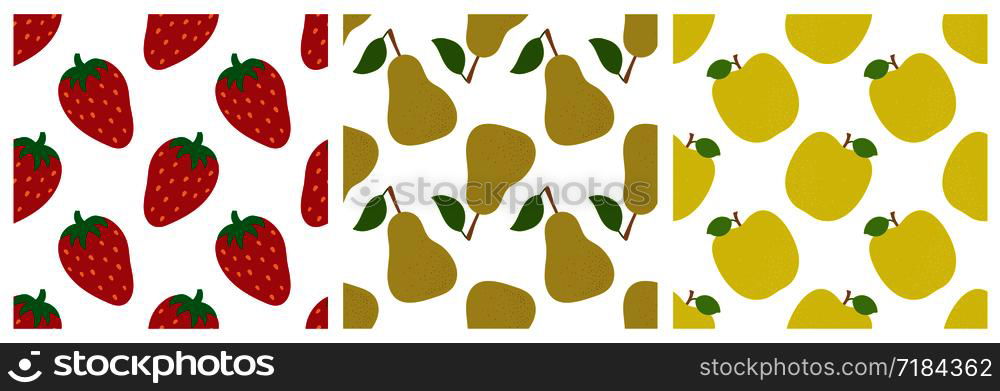 Strawberry, pear and apple. Fruit seamless pattern set. Fashion design. Food print for clothes, linens or curtain. Hand drawn vector sketch background collection