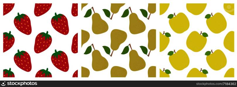Strawberry, pear and apple. Fruit seamless pattern set. Fashion design. Food print for clothes, linens or curtain. Hand drawn vector sketch background collection