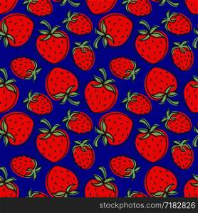 Strawberry seamless pattern. Hand drawn fresh berry. Vector sketch background. Doodle wallpaper. Red, blue and green print