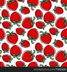 Strawberry seamless pattern. Hand drawn fresh berry. Vector sketch background. Doodle wallpaper. Red and green print