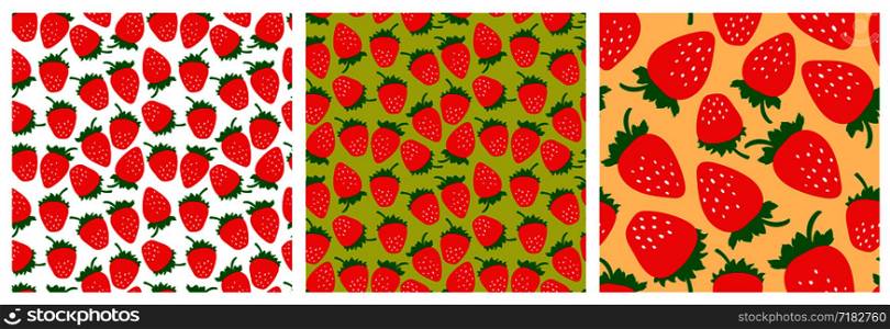 Strawberry seamless pattern set. Fashion clothing design. Red berry. Food print for dress, skirt, linens or curtain. Hand drawn vector sketch background collection