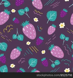 Strawberry seamless pattern with flowers and leafs on purple background. Hand drawn vector illustration. 