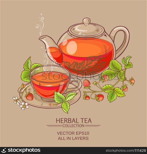 strawberry tea vector illustration. vector illustration with cup of strawberry tea and teapot