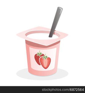 Strawberry yogurt with spoon inside on white background
