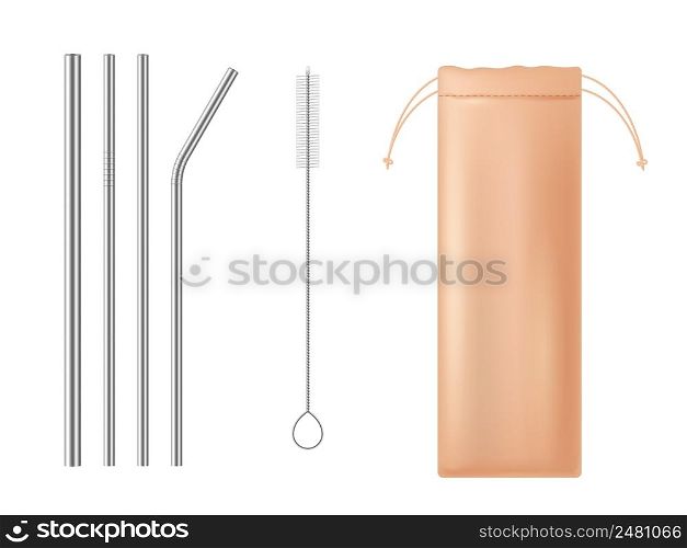 Straws for drink. Realistic beverage eco pipes. Silver color cocktail sticks. Steel straight and curved tools. Cleaning ramrod brush and storage bag. Zero waste. Vector ecological bar accessories set. Straws for drink. Realistic beverage pipes. Silver cocktail sticks. Steel straight and curved tools. Cleaning ramrod brush and storage bag. Zero waste. Vector ecological bar accessories set