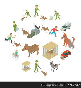 Stray animals icons set. Isometric illustration of 16 stray animals vector icons for web. Stray animals icons set, isometric style