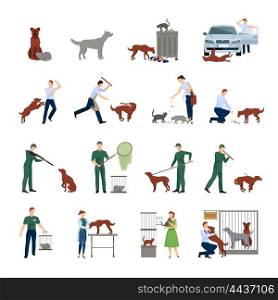 Stray Animals Icons Set. Stray animals icons set behavior of animals in society catching treatment in a veterinary clinic and finding them shelter protection vector illustration