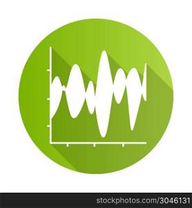 Stream graph green flat design long shadow glyph icon. Seismic chart. Amplitudes and motion waves. Radiation curve diagram. Science research. Vibration visualization. Vector silhouette illustration