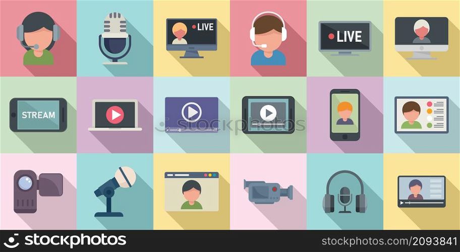 Stream icons set flat vector. Live streaming. Video watch. Stream icons set flat vector. Live streaming
