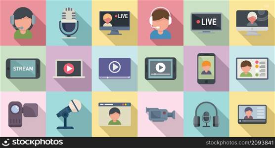 Stream icons set flat vector. Live streaming. Video watch. Stream icons set flat vector. Live streaming