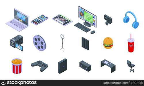 Stream icons set. Isometric set of stream vector icons for web design isolated on white background. Stream icons set, isometric style