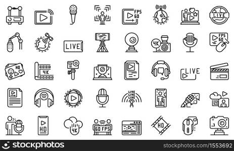 Stream icons set. Outline set of stream vector icons for web design isolated on white background. Stream icons set, outline style