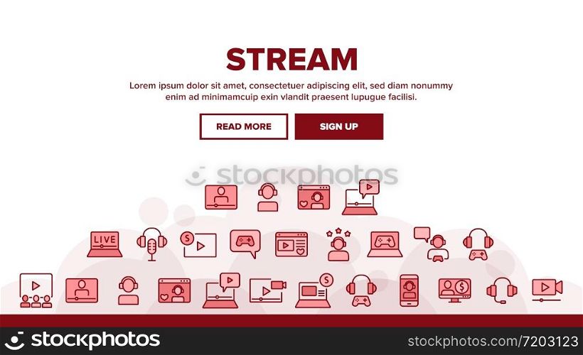 Stream Live Video Landing Web Page Header Banner Template Vector. Internet Online Play Game Stream, Earphones And Microphone, Streaming Web Site Illustrations. Stream Live Video Landing Header Vector