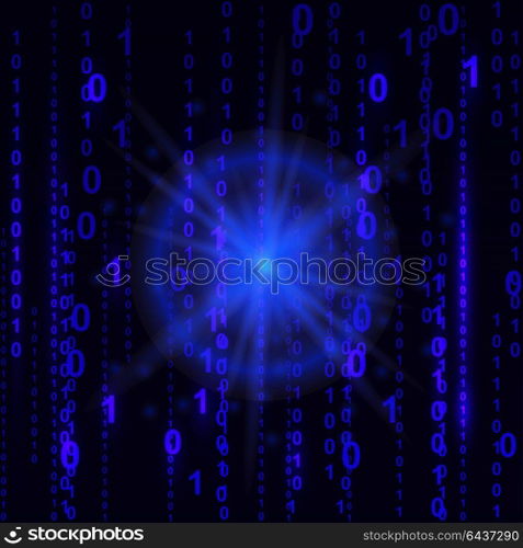 Stream of binary code on screen. Abstract vector background. Data and technology, decryption and encryption, computer matrix background with the cyan symbols and numbers. Vector illustration. EPS 10