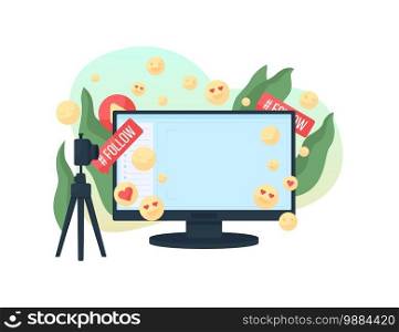 Streaming vlog flat concept vector illustration. Share, like and follow. Blogger audience watch content. Live video broadcast 2D cartoon scene for web design. Online entertainment creative idea. Streaming vlog flat concept vector illustration