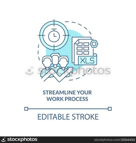 Streamline your work process turquoise concept icon. Increasing business efficiency abstract idea thin line illustration. Isolated outline drawing. Editable stroke. Arial, Myriad Pro-Bold fonts used. Streamline your work process turquoise concept icon